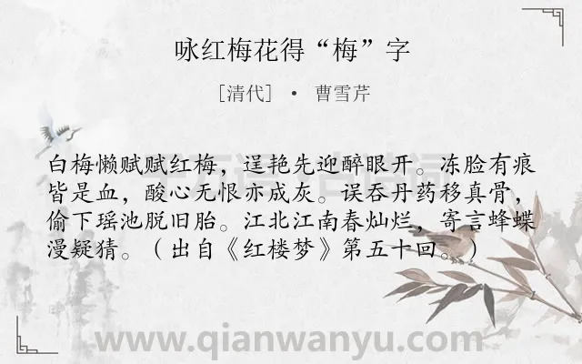 《咏红梅花得“梅”字》作者是清代的曹雪芹.本诗词属于花;梅花;寓人类诗词.诗词全文约共78字.