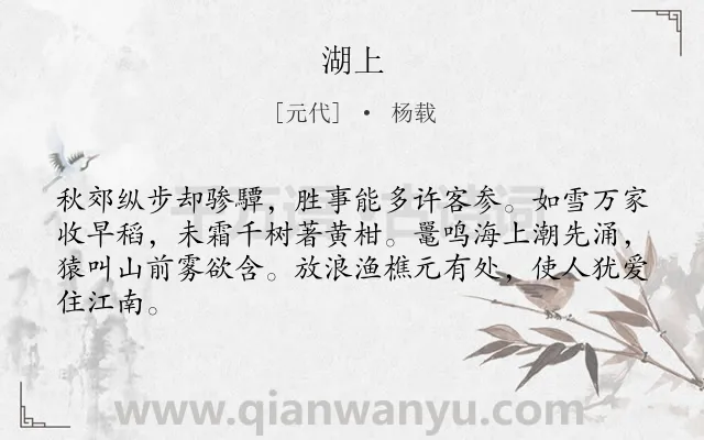 《湖上》作者是元代的杨载.诗词全文约共64字.