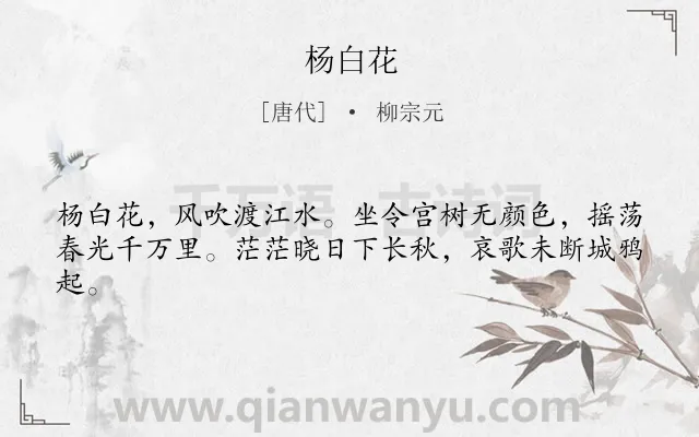 《杨白花》作者是唐代的柳宗元.本诗词属于抒情;怀才不遇;愤懑类诗词.诗词全文约共42字.