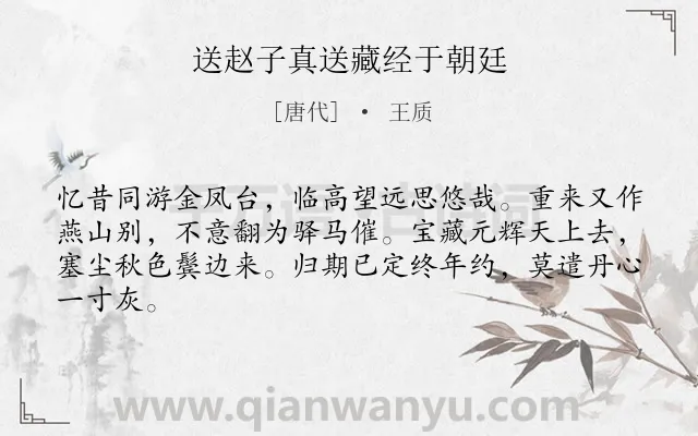 《送赵子真送藏经于朝廷》作者是唐代的王质.诗词全文约共64字.