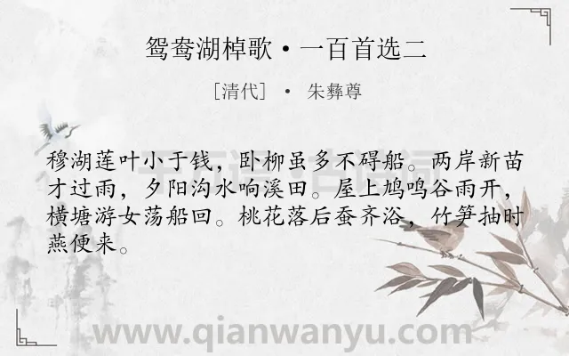 《鸳鸯湖棹歌·一百首选二》作者是清代的朱彝尊.本诗词属于写景;湖水;节气类诗词.诗词全文约共64字.